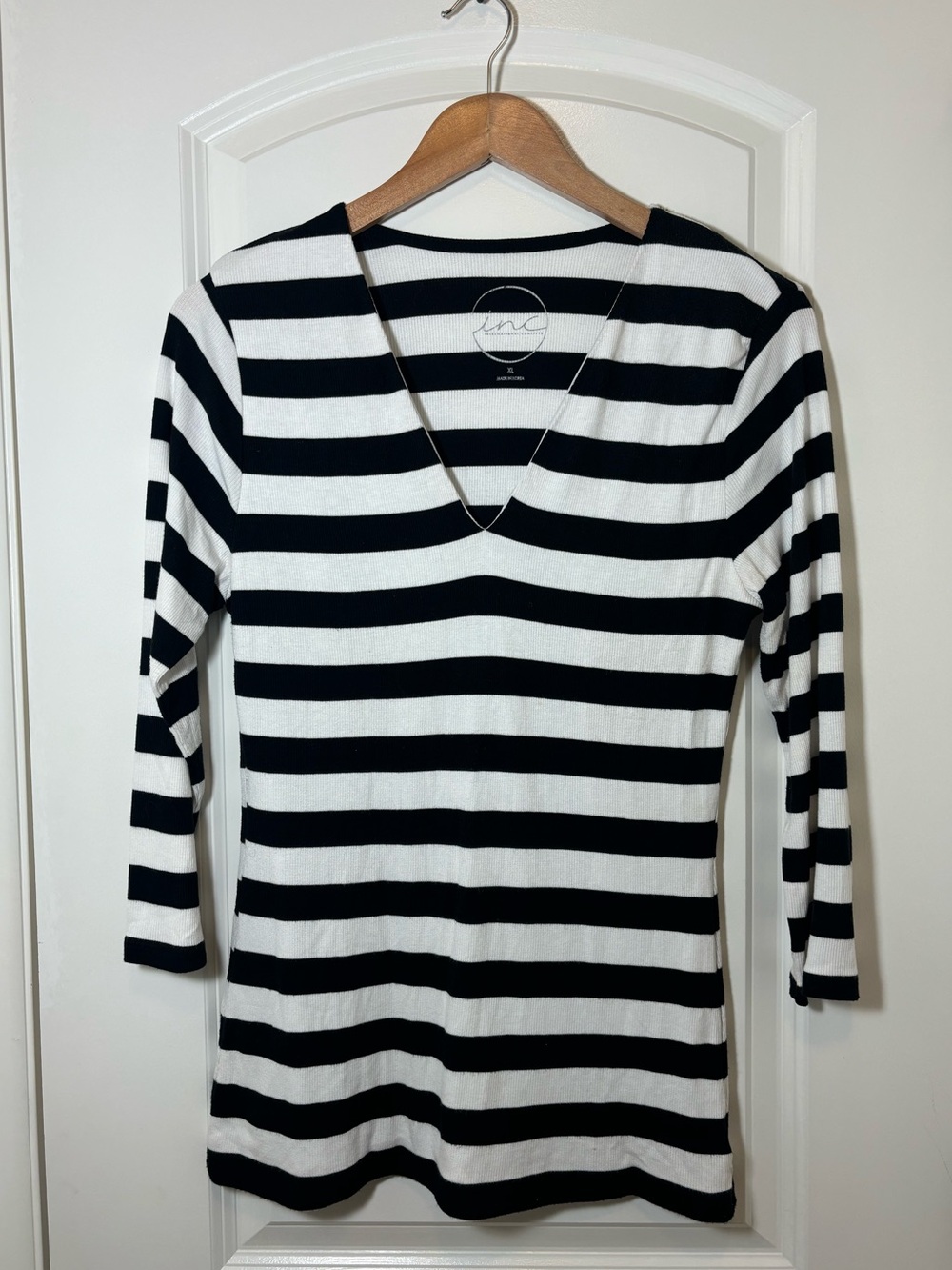 INC International Concepts Black & White Striped V-Neck Womens Top